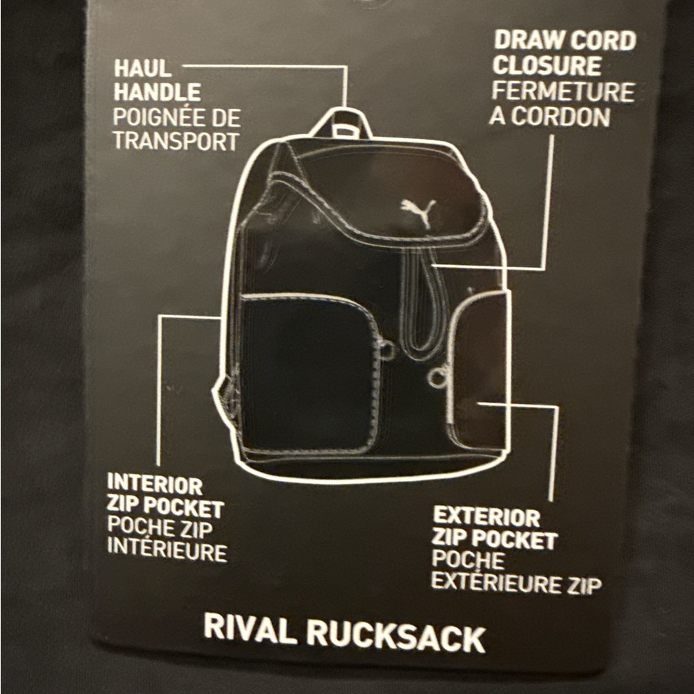 Puma Rival Rucksack Backpack Black Drawstring Closure Zip Pockets - Picture 4 of 6
